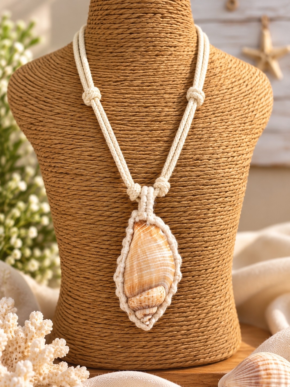 Handmade Cream Shell Pendant Necklace - Beach Boho Jewelry